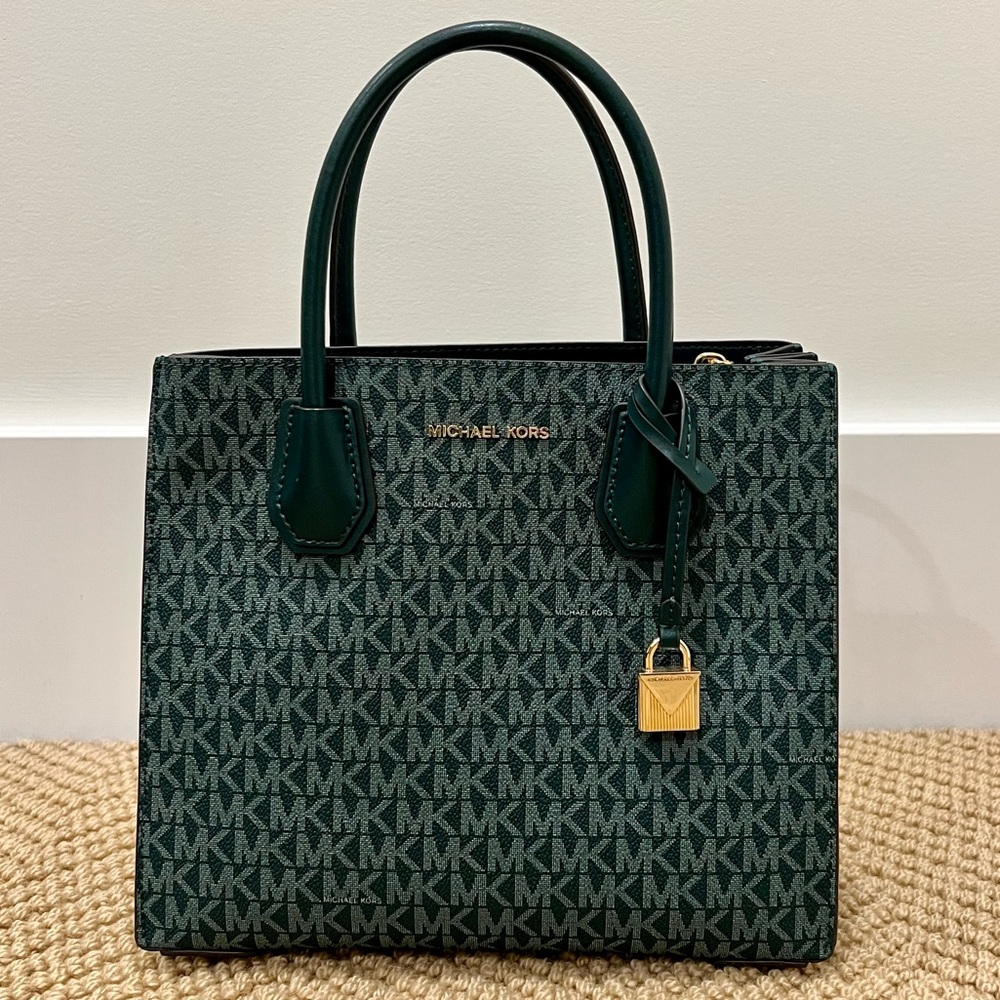 Mercer Medium Logo and Leather Accordion Crossbody Bag (Dark Green)